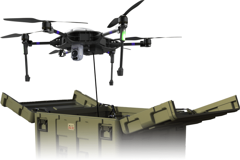 Autonomous Military Drone in a box, tethered and free-flight for ISTAR missions